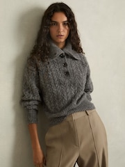 Reiss Charcoal Etta Cropped Cable-Knit Jumper With Mohair - Image 1 of 5