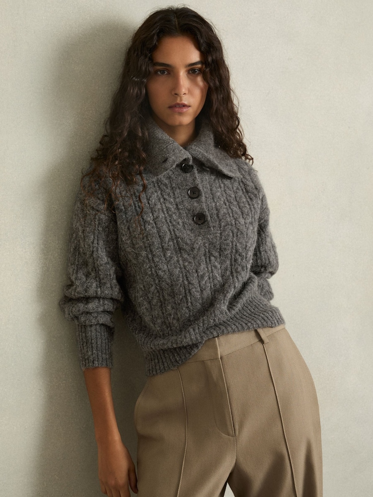 Reiss Charcoal Etta Cropped Cable-Knit Jumper With Mohair - Image 1 of 5