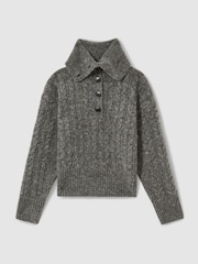 Reiss Charcoal Etta Cropped Cable-Knit Jumper With Mohair - Image 2 of 5
