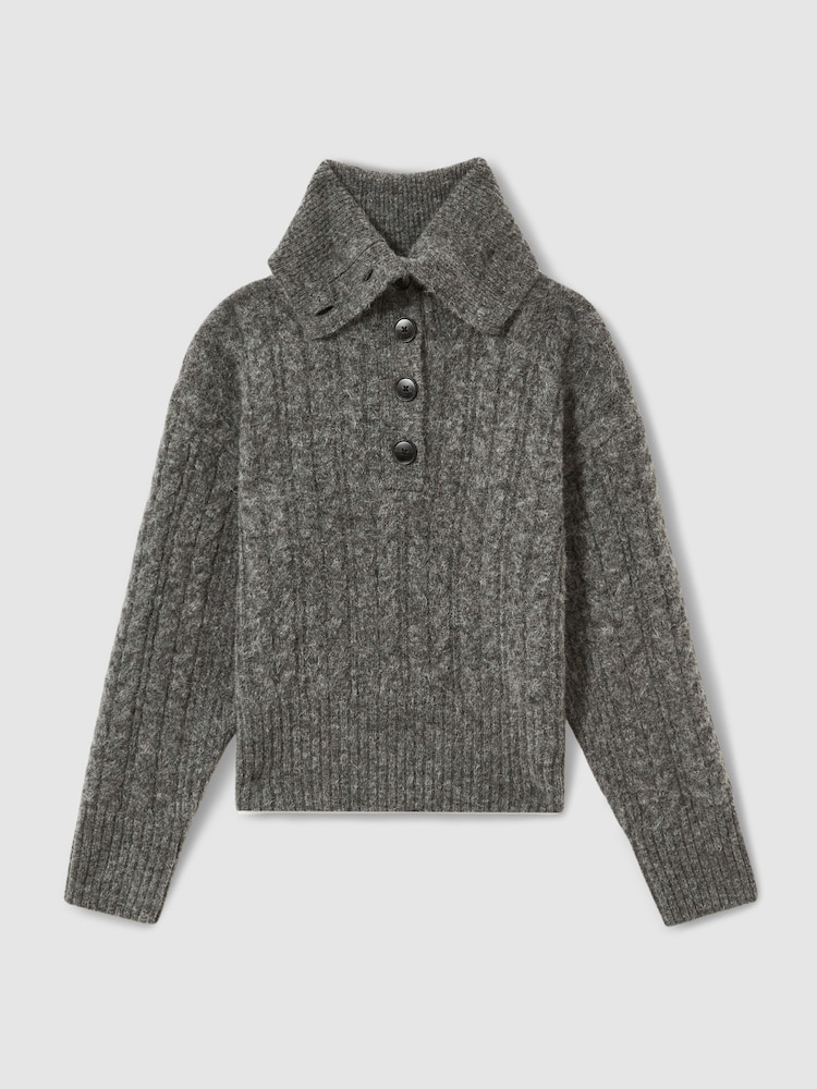 Reiss Charcoal Etta Cropped Cable-Knit Jumper With Mohair - Image 2 of 5