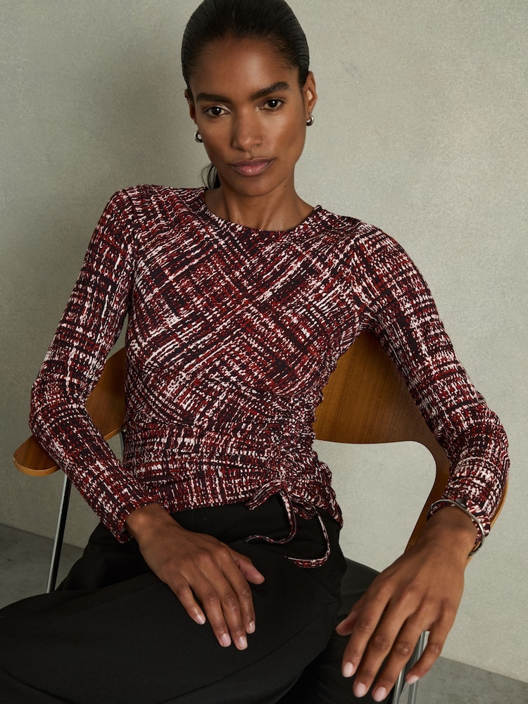 Reiss Red Riyo Abstract-Print Ruched-Jersey Top - Image 1 of 7 Reiss Red Riyo Abstract-Print Ruched-Jersey Top - Image 1 of 7