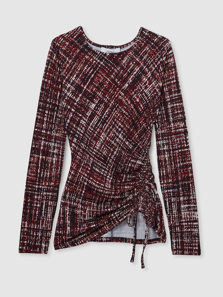 Reiss Red Riyo Abstract-Print Ruched-Jersey Top - Image 2 of 7