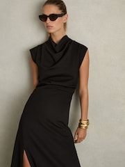 Reiss Black Harlan Twill-Jersey Draped Midi Dress - Image 1 of 6