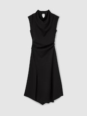 Reiss Black Harlan Twill-Jersey Draped Midi Dress - Image 2 of 6