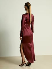 Reiss Burgundy Valli Petite Satin Asymmetric Draped Maxi Dress - Image 5 of 7