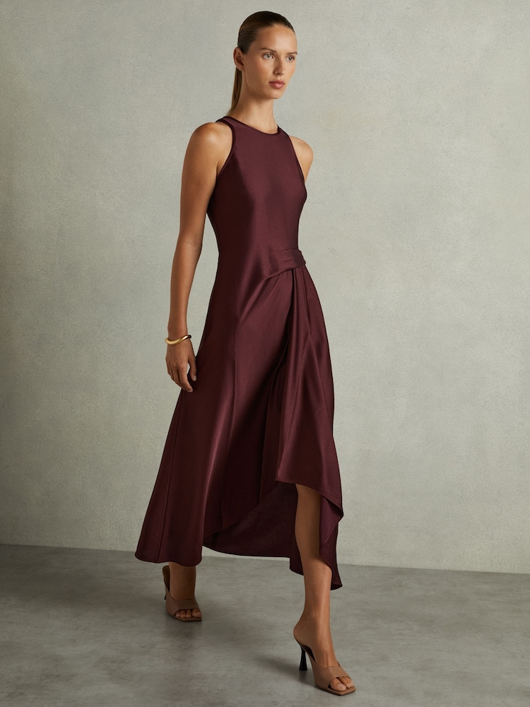Reiss Burgundy Micah Satin Drape Tuck Midi Dress - Image 1 of 6