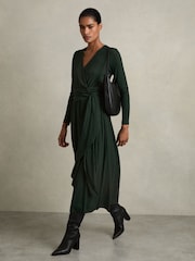 Зеленый - Reiss Madeline Jersey Wrap-Tie Midi Dress - Image 1 of 7