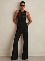 Reiss Black Priya Twill High Rise Flared Trousers - Image 1 of 7