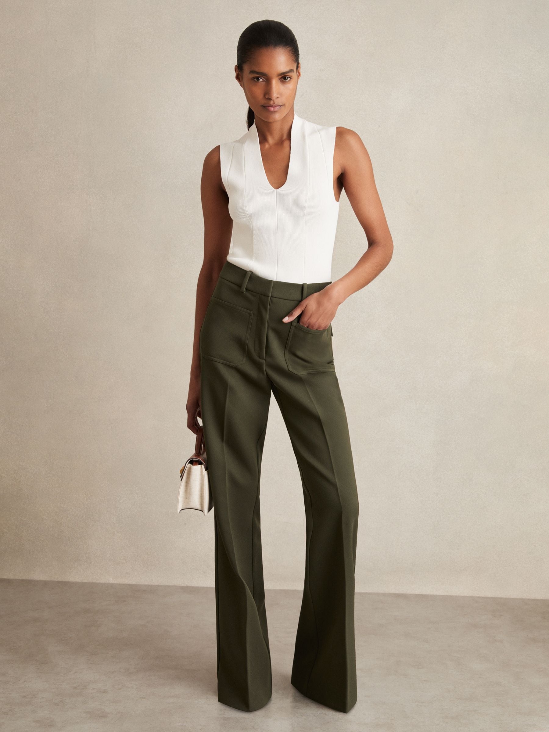 Reiss Green Petite Twill High Rise Flared Trousers