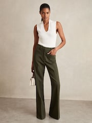 Reiss Green Priya Petite Twill High Rise Flared Trousers - Image 1 of 8