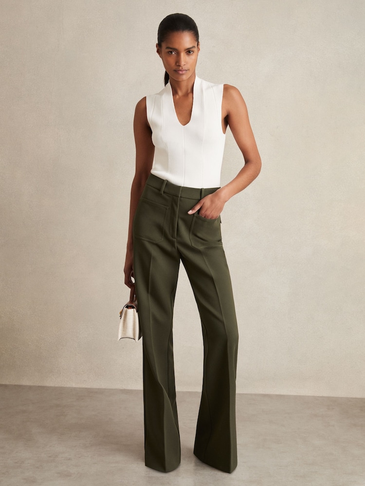 Reiss Green Priya Petite Twill High Rise Flared Trousers - Image 1 of 8