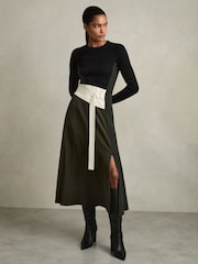 Reiss Khaki/Black Emilina Rib-Knit Panelled Belted Midi Dress - Image 1 of 6