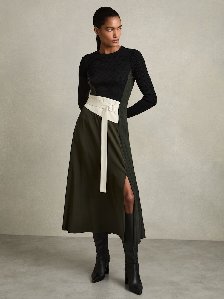 Reiss Khaki/Black Emilina Rib-Knit Panelled Belted Midi Dress - Image 1 of 6