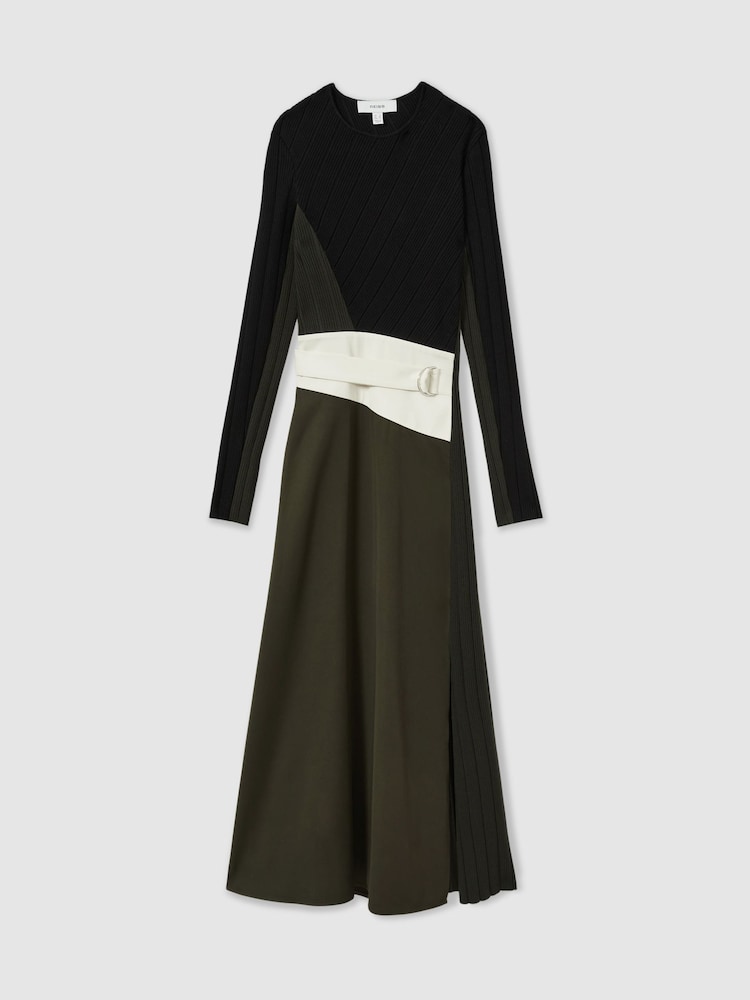 Reiss Khaki/Black Emilina Rib-Knit Panelled Belted Midi Dress - Image 2 of 6