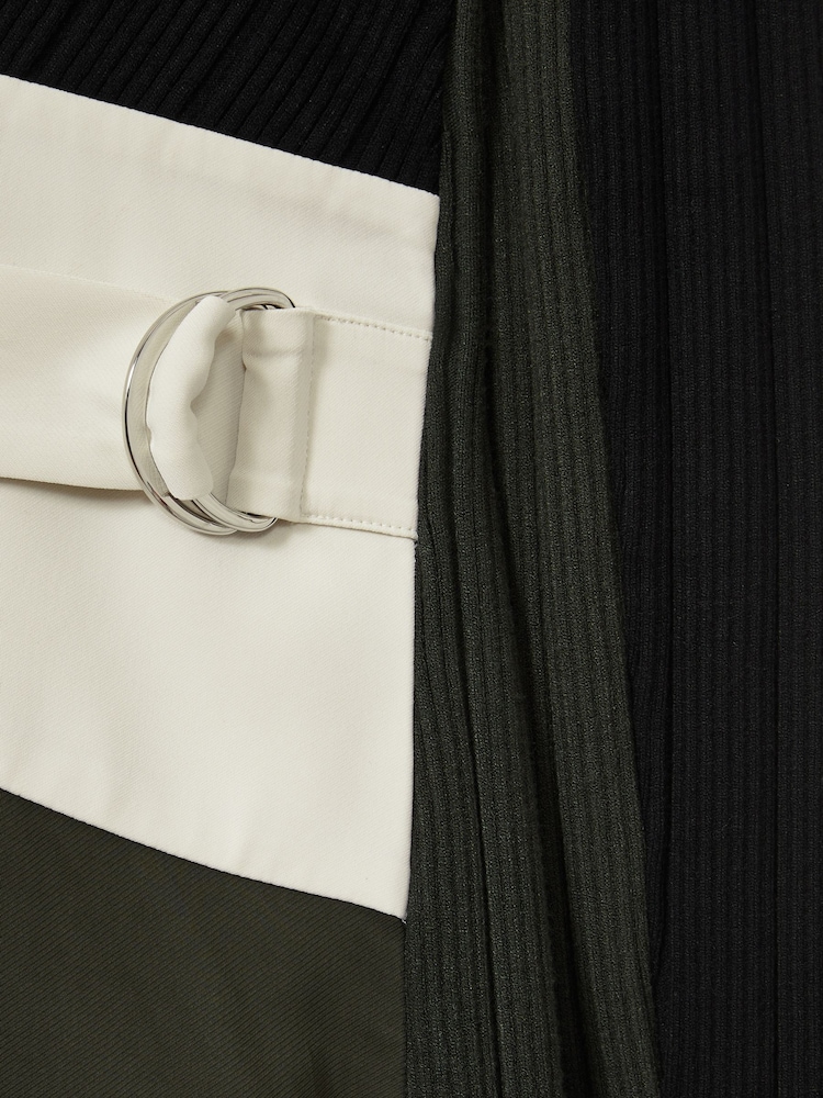 Reiss Khaki/Black Emilina Rib-Knit Panelled Belted Midi Dress - Image 6 of 6