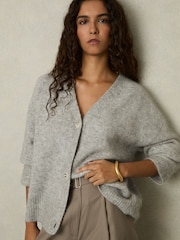 Reiss Grey Robyn Alpaca Wool-Blend Brushed Cardigan - Image 1 of 6