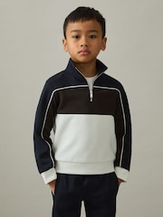 Reiss Chocolate Brown/Navy/Off White Katoon 3-9 yrs Colour-Block Half-Zip Sweatshirt - Image 1 of 4