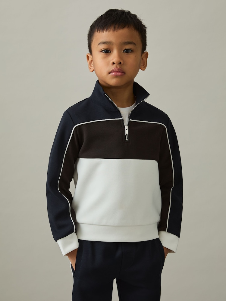 Reiss Chocolate Brown/Navy/Off White Katoon 3-9 yrs Colour-Block Half-Zip Sweatshirt - Image 1 of 4