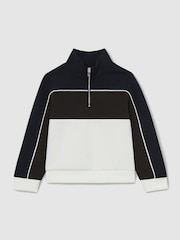Reiss Chocolate Brown/Navy/Off White Katoon 3-9 yrs Colour-Block Half-Zip Sweatshirt - Image 2 of 4