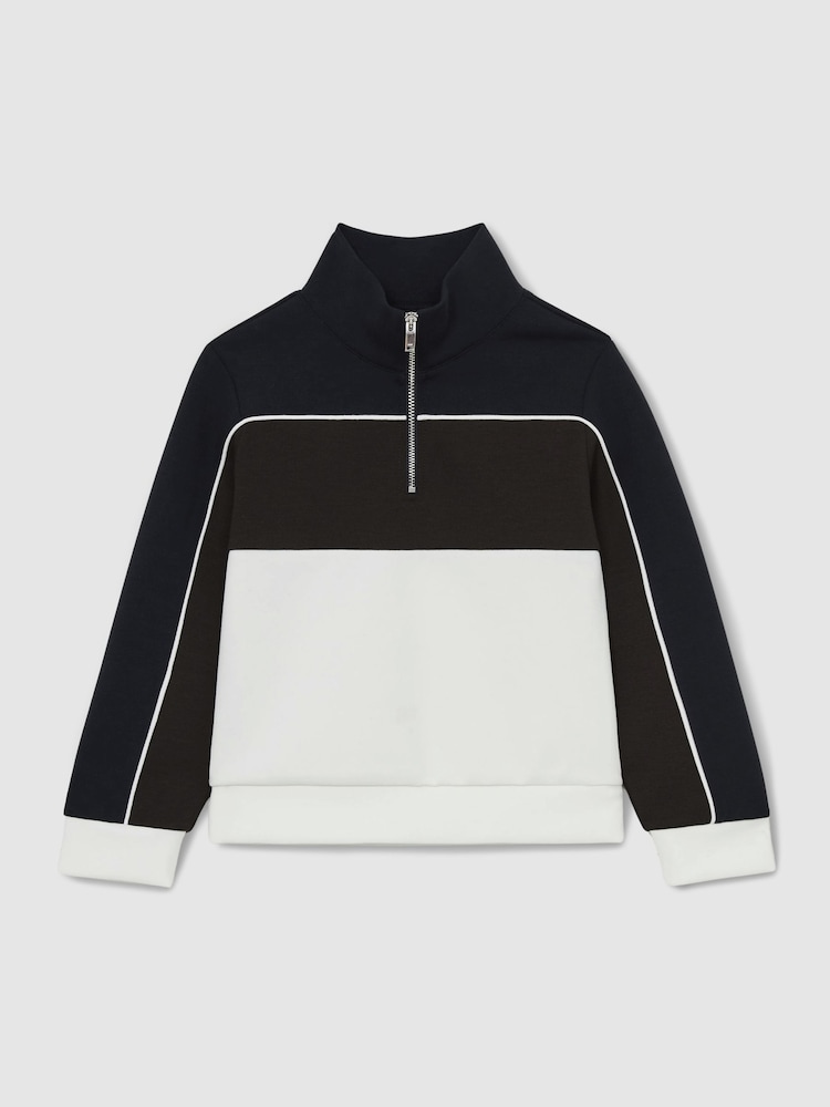 Reiss Chocolate Brown/Navy/Off White Katoon 3-9 yrs Colour-Block Half-Zip Sweatshirt - Image 2 of 4