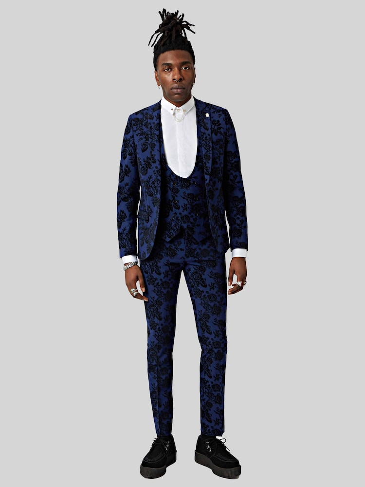 Twisted Tailor Blue Jackalope Skinny Fit Floral Flocked Jacket - Image 1 of 5