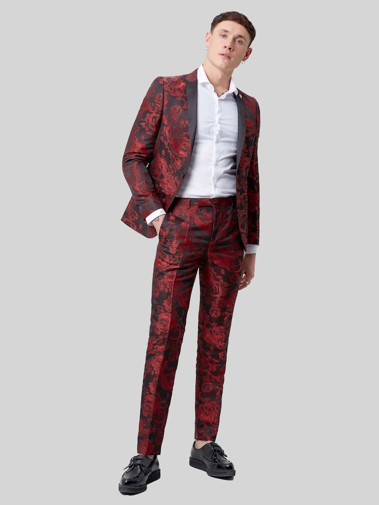 Twisted Tailor Red Ersat Skinny Fit Floral Jacquard Tuxedo Jacket - Image 1 of 5