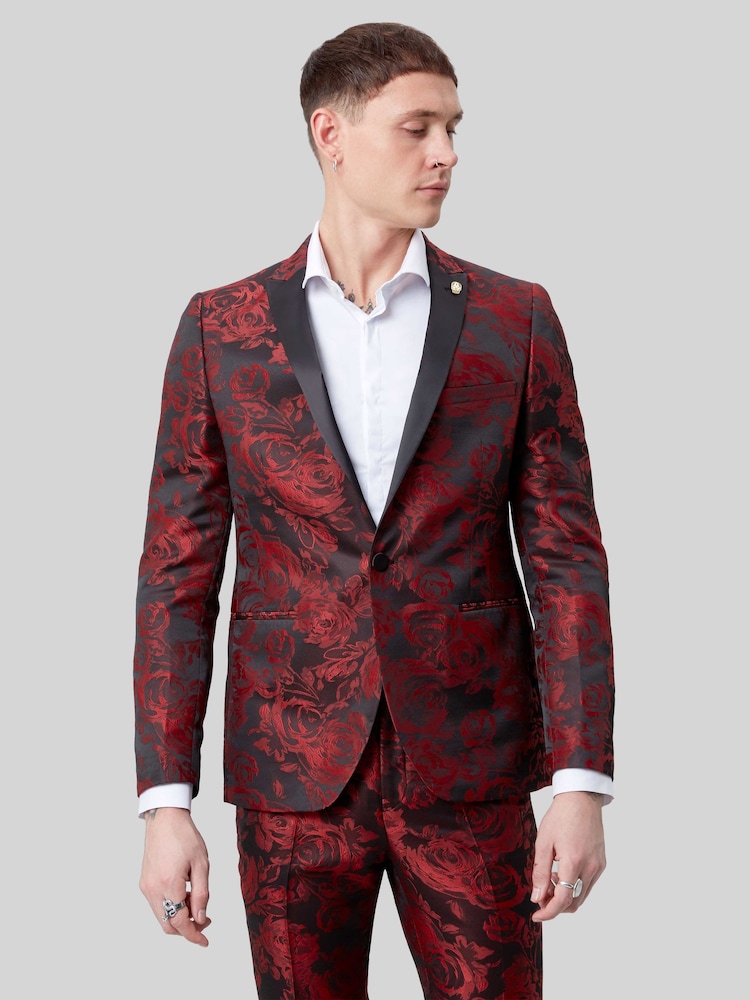Twisted Tailor Red Ersat Skinny Fit Floral Jacquard Tuxedo Jacket - Image 2 of 5