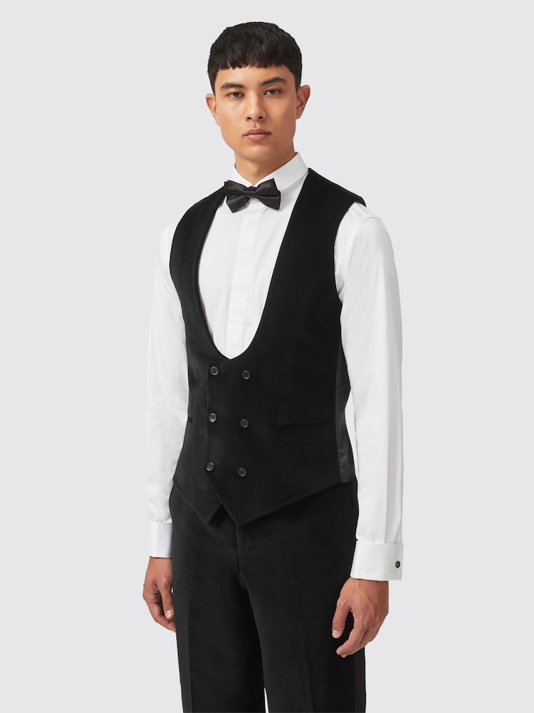 Twisted Tailor Black Skinny Fit Sylvester Velvet Tuxedo 100% Cotton Waistcoat - Image 1 of 5