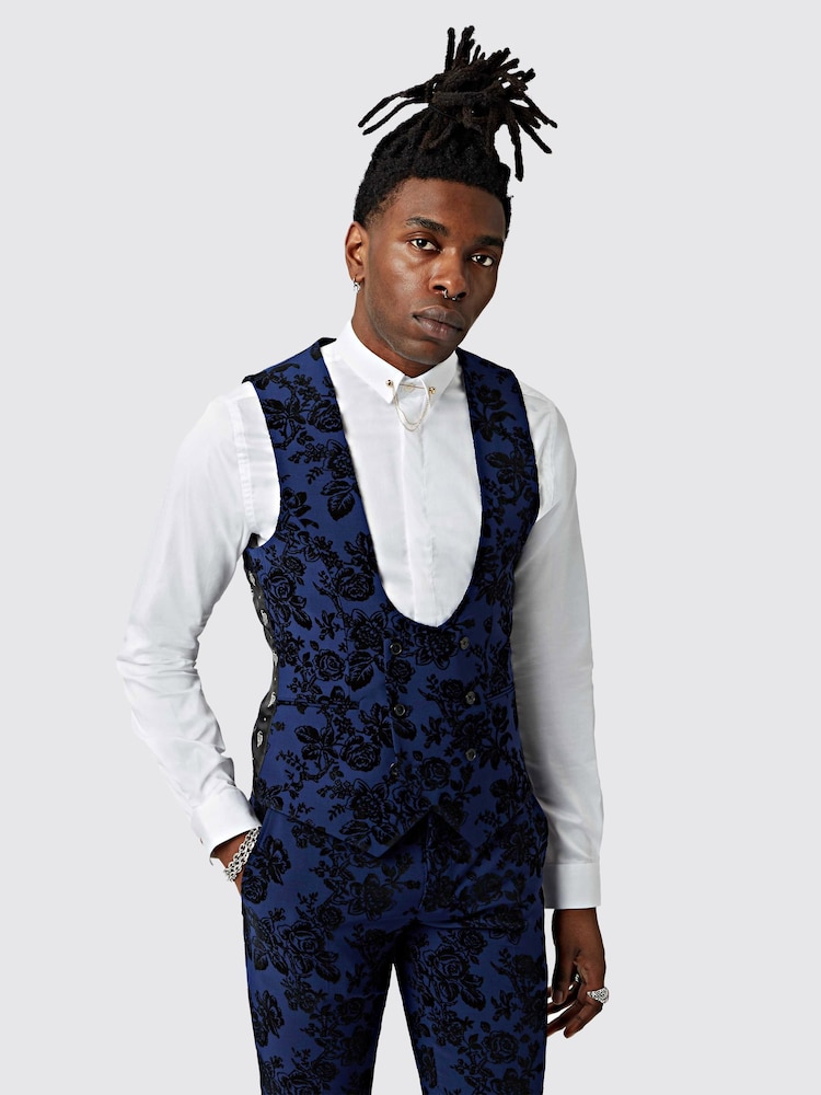 Twisted Tailor Blue Jackalope Waistcoat With Floral Flocking - Image 1 of 4