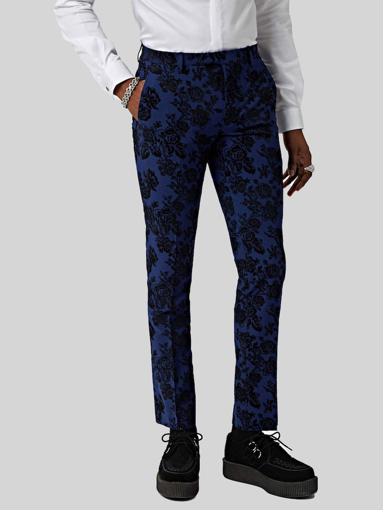 Twisted Tailor Blue Jackalope Suit Trousers With Floral Flocking - Image 1 of 4
