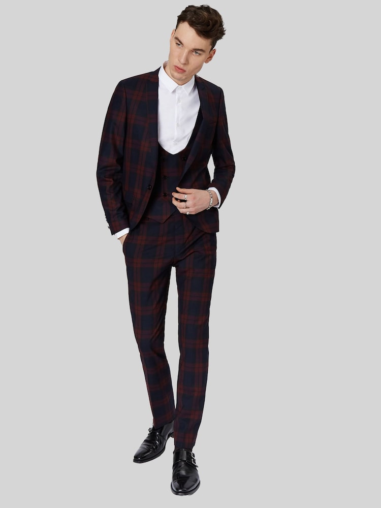 Twisted Tailor Red Ginger Skinny Fit Tartan Jacket - Image 1 of 6