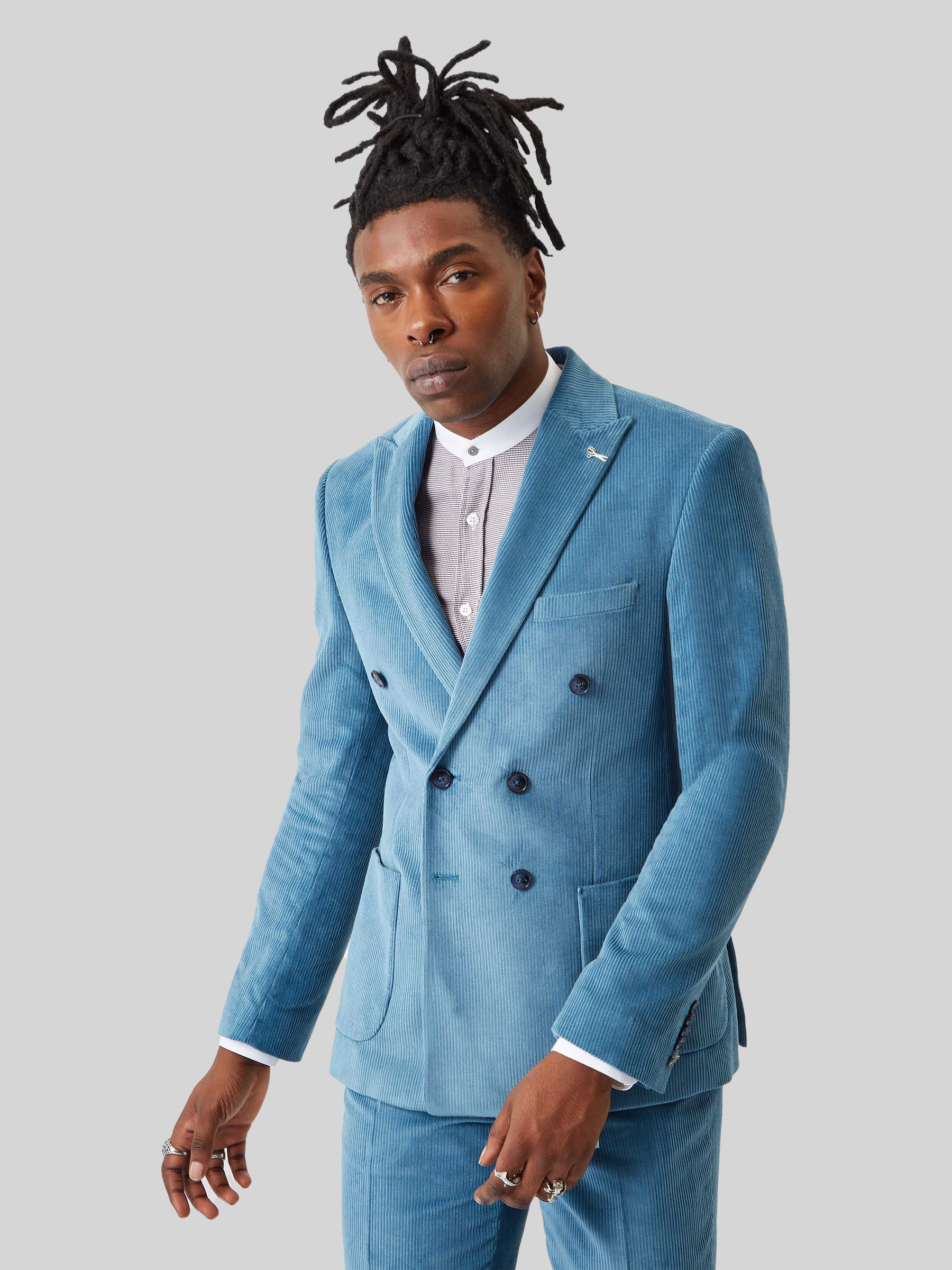 Twisted Tailor Blue Slim Fit Aston Corduroy Double Breasted 100 Cotton Jacket