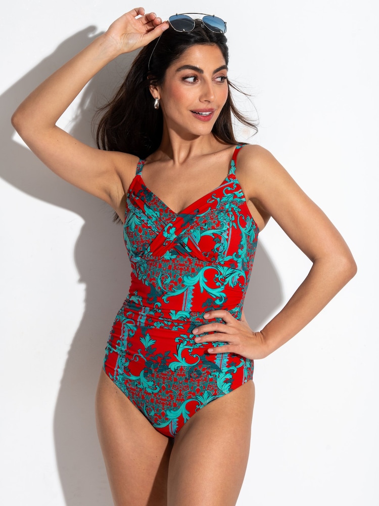 Pour Moi Red Cannes Ruched Tummy Control Swimsuit - Image 1 of 4