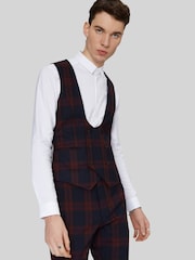 Twisted Tailor Red Skinny Fit Ginger Tartan Waistcoat - Image 1 of 5