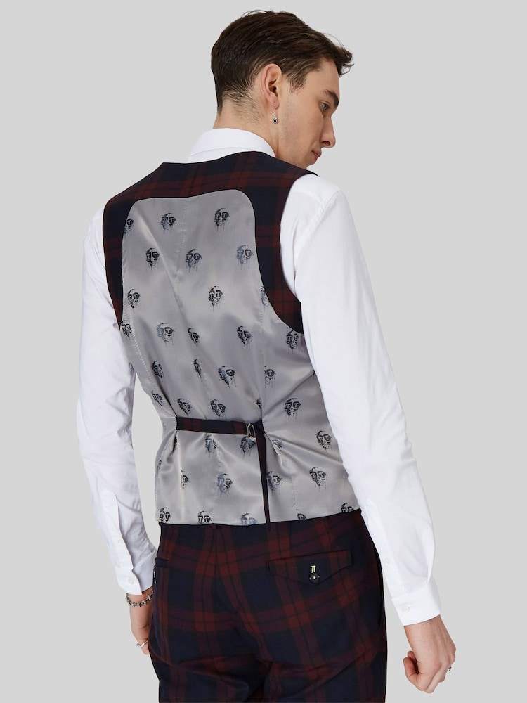 Twisted Tailor Red Skinny Fit Ginger Tartan Waistcoat - Image 2 of 5