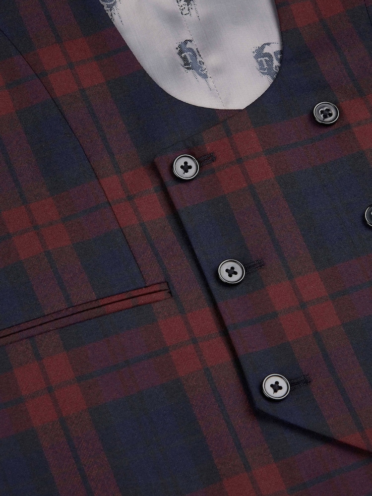 Twisted Tailor Red Skinny Fit Ginger Tartan Waistcoat - Image 3 of 5