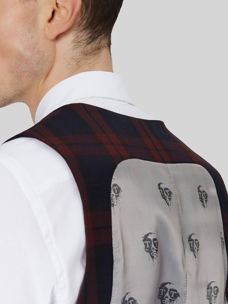 Twisted Tailor Red Skinny Fit Ginger Tartan Waistcoat - Image 4 of 5