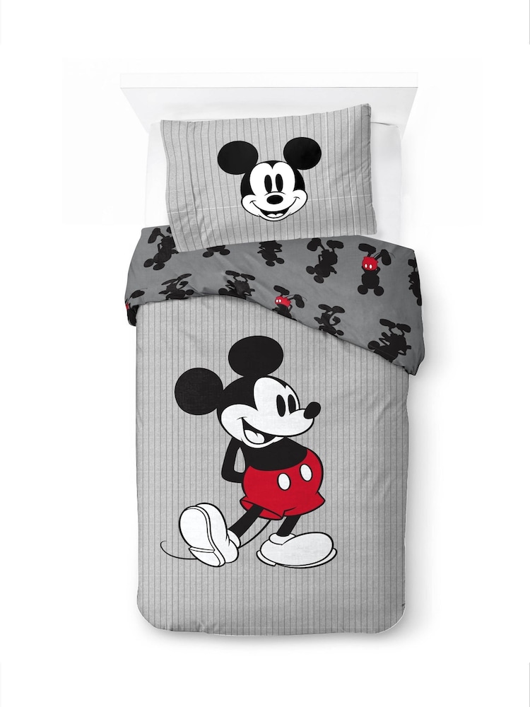Disney Grey Mickey Mouse Stripes Duvet Cover and Pillowcase Set - Image 1 of 6