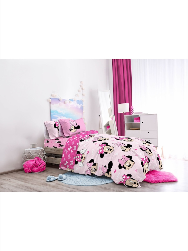 Disney Pink Minnie Mouse Hearts Love Duvet Cover Fitted Sheet and Pillowcase Set - Image 1 of 6