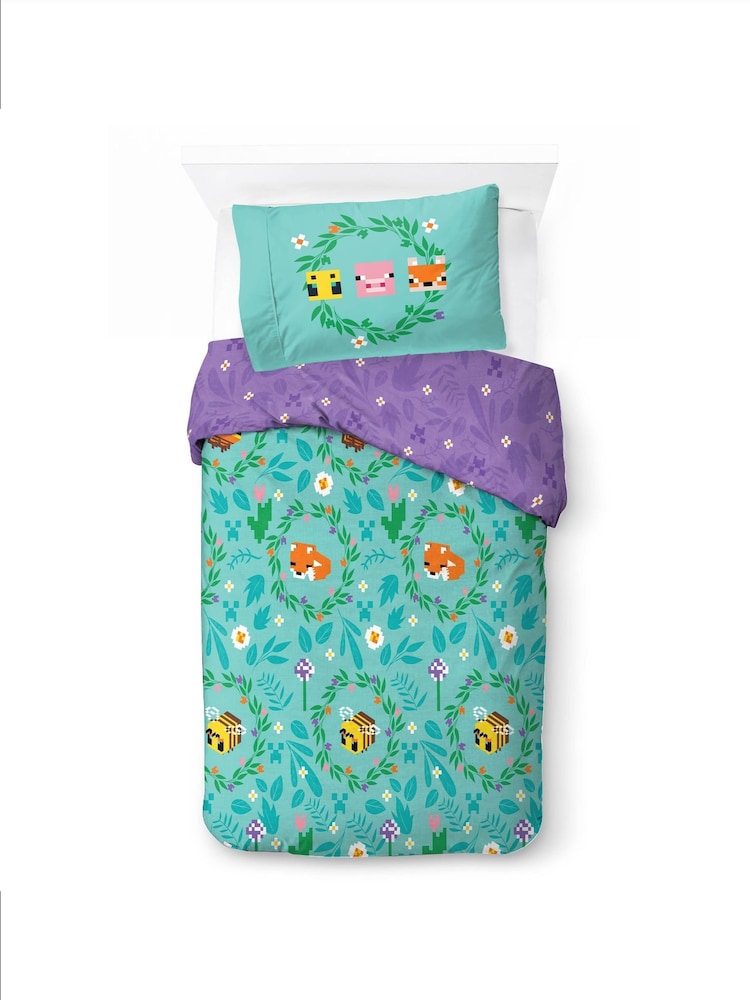 Minecraft Blue Floral Duvet Cover and Pillowcase Set - Image 1 of 6