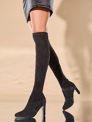 Lipsy Black Over The Knee Mid Heeled Faux Suede Boots - Image 1 of 4