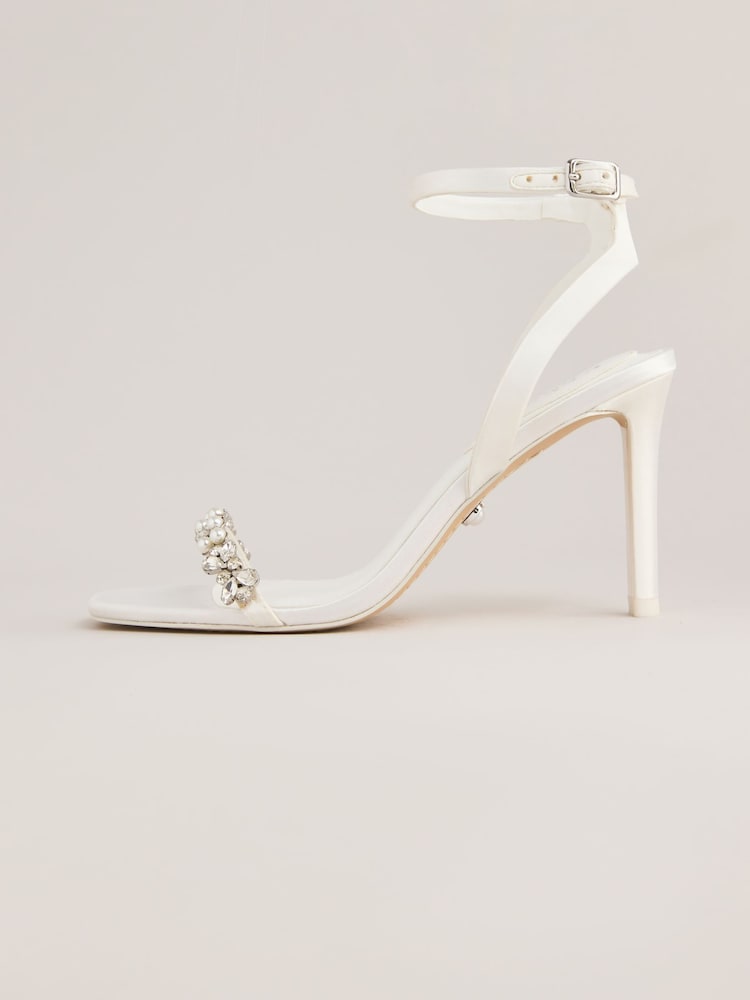 Lipsy White Occasion Ivory Satin Embellished Bridal Strappy Mid Heel Wedding Sandals - Image 6 of 6