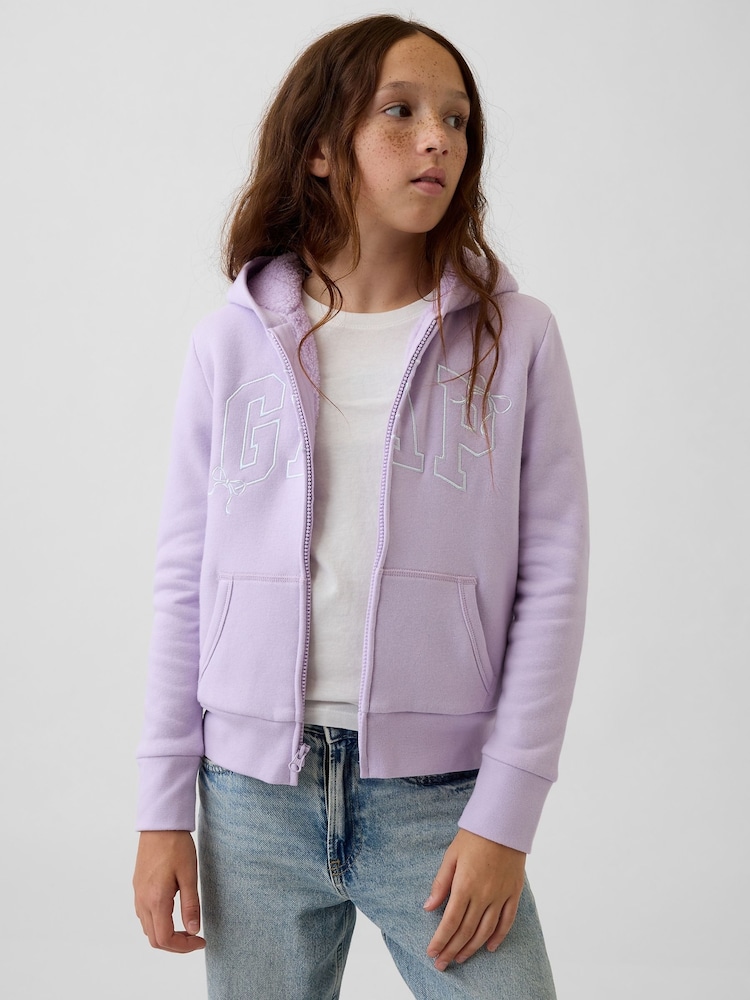 Gap Lilac Purple Bow Sherpa-Lined Logo Zip-Up Hoodie (4-13yrs) - Image 1 of 5 Gap Lilac Purple Bow Sherpa-Lined Logo Zip-Up Hoodie (4-13yrs) - Image 1 of 5