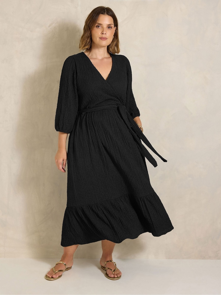 Evans Black Textured Wrap Dress - Image 1 of 4