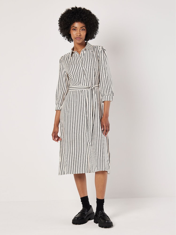 Apricot Grey Stripe Gathered Sleeve Midi Dress - Image 1 of 4