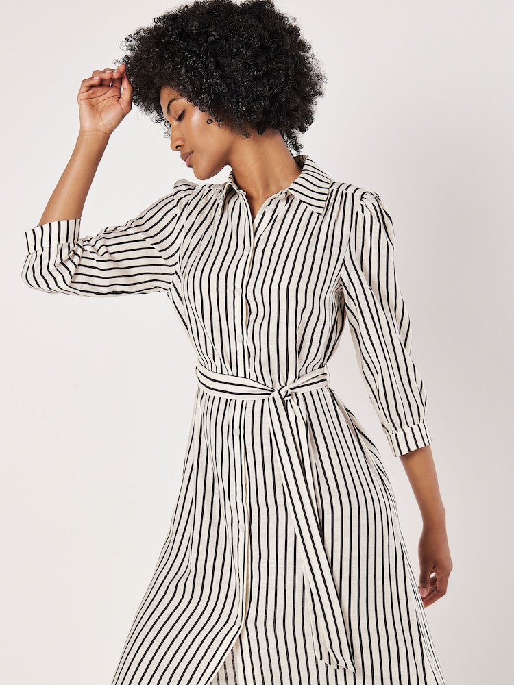 Apricot Grey Stripe Gathered Sleeve Midi Dress - Image 2 of 4