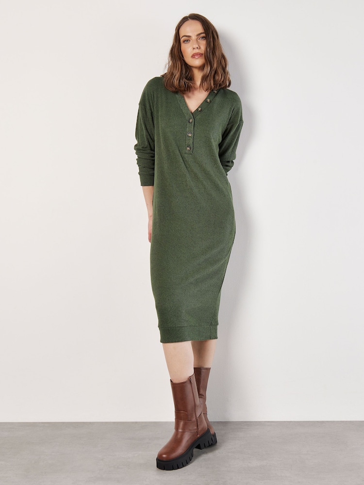 Apricot Green Button Thru Ribbed Midi Dress - Image 1 of 5