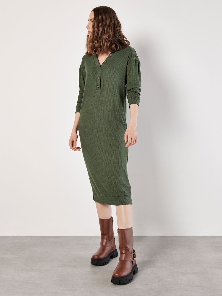 Apricot Green Button Thru Ribbed Midi Dress - Image 2 of 5