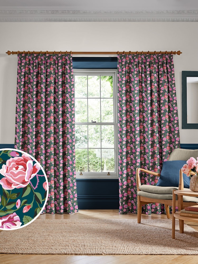 Cath Kidston Teal Blue Dolly Rose Made to Measure 100% Cotton Curtain - Image 1 of 9