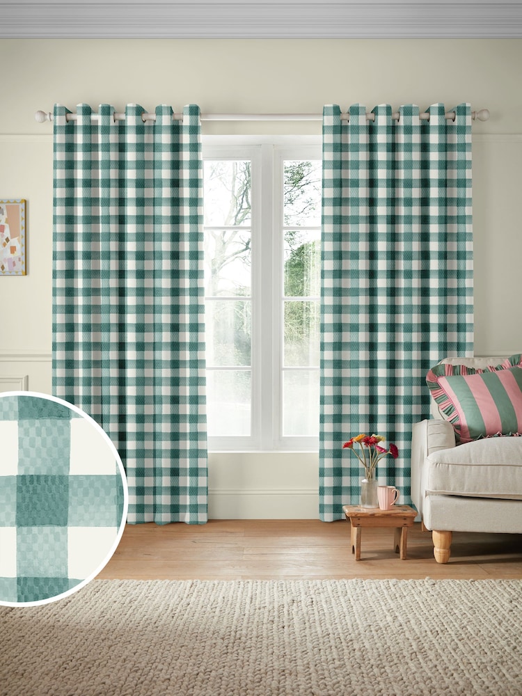 Cath Kidston Green Hand Painted Gingham Made to Measure 100% Cotton Curtain - Image 1 of 9